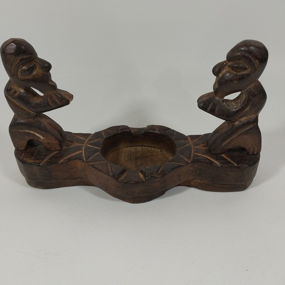 Vtg Hand Carved‎ Hardwood Tribal Men Sitting Offering Bowl Ashtray